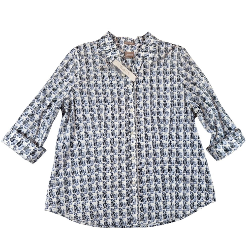 Chicos Lorena Pineapple Shirt Navy Blue 3/4 Sleeve Wrinkle Resistant Cotton Sz 2